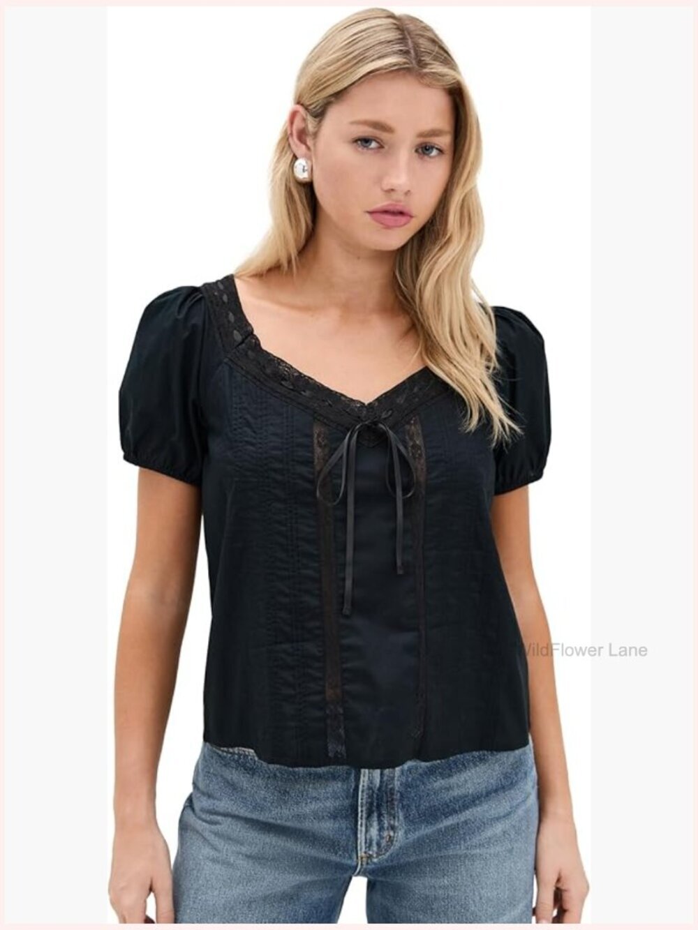 Women's Peasant Top with Lace Trim, V-Neck, Short Puff Sleeves
